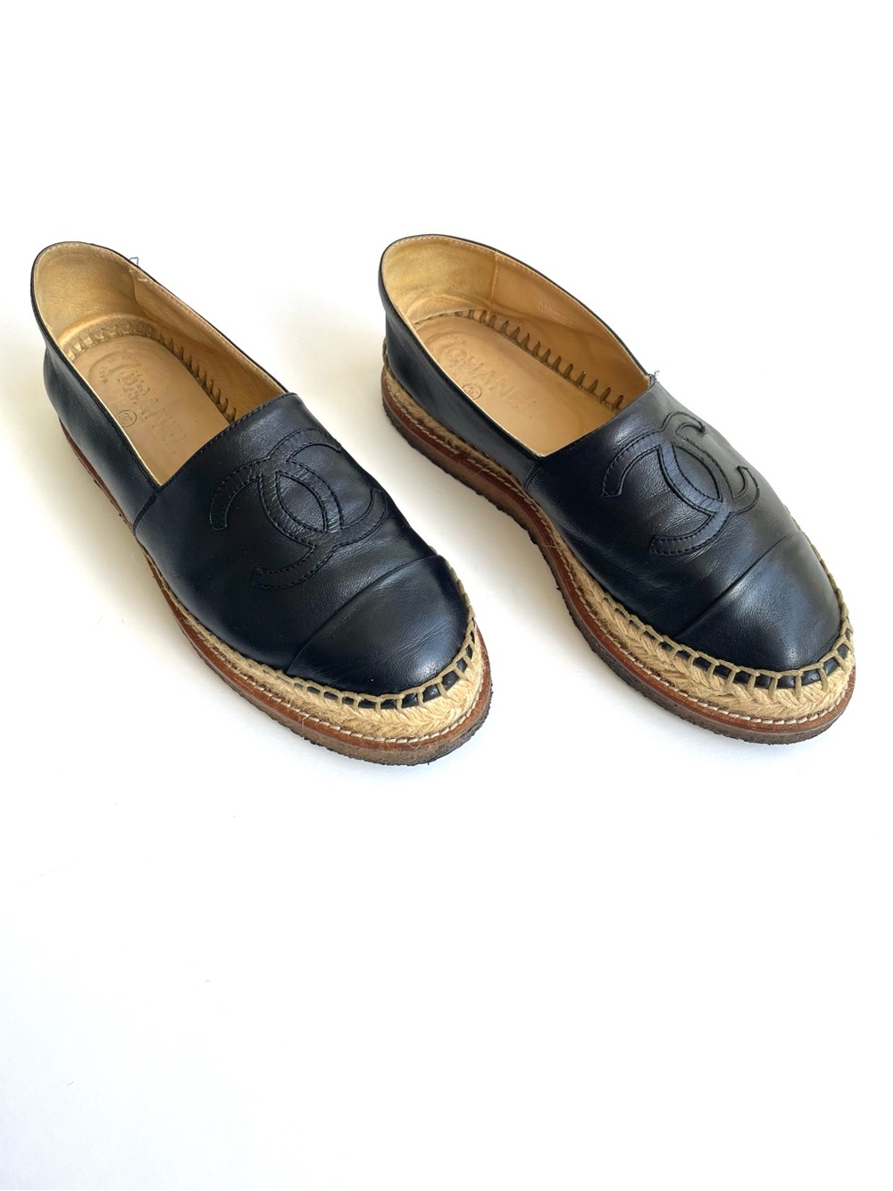 Chanel CC Espadrille Platform Flats Black Leather Cap Toe EU 37 US 6.5